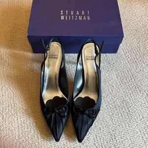 Stuart Weitzman Black Satin Bowpleats pump